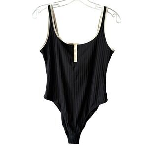 NWT Aerie Women's Black Cream Wide Rib Henley Cheeky One-Piece Swimsuit Size L